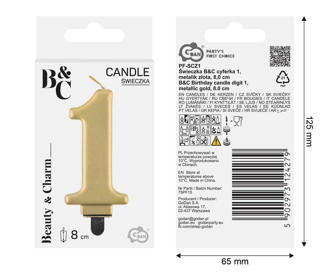 Birthday candle digit 1, metallic gold, 8.0 cm